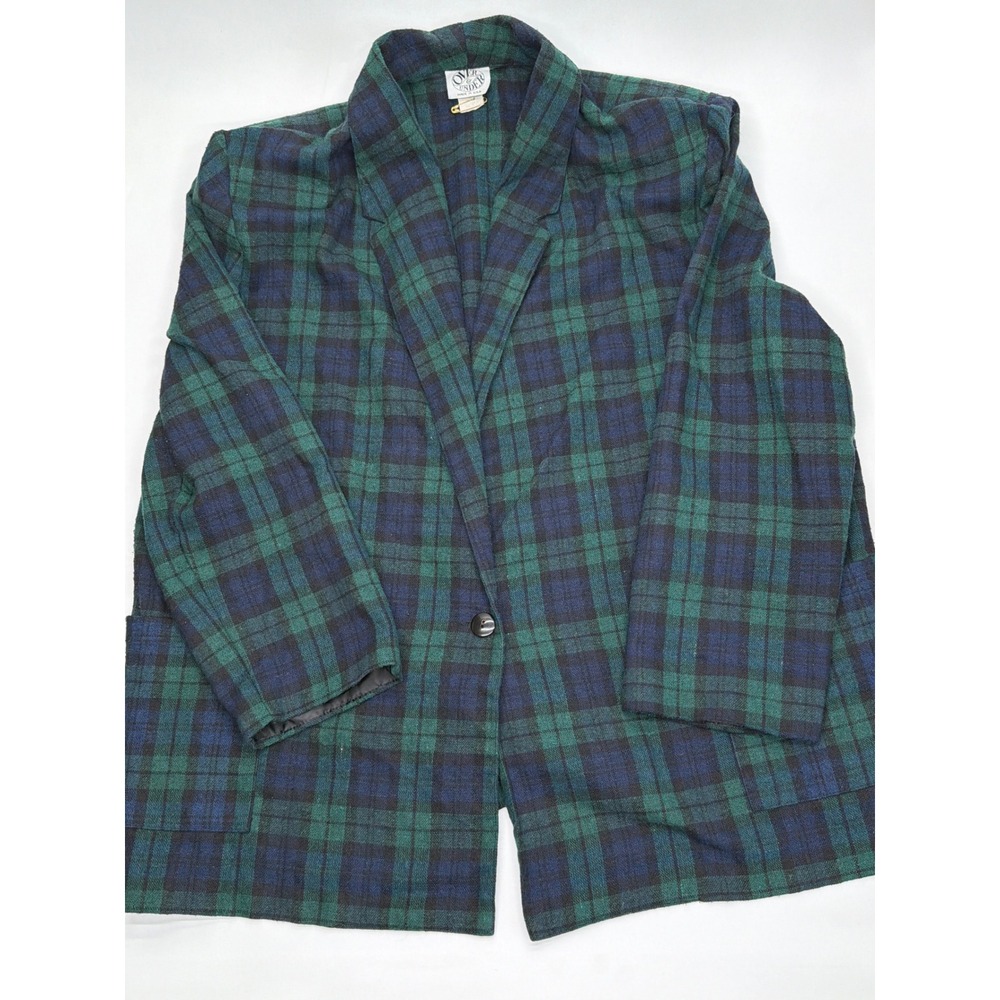 Alfred Dunner Vintage Plaid Pant Suit Set Green Navy Blue Blazer Trousers 24W